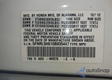 2013 Honda Odyssey Ex-L from USA, damaged, VIN 5FNRL5H61DB035447